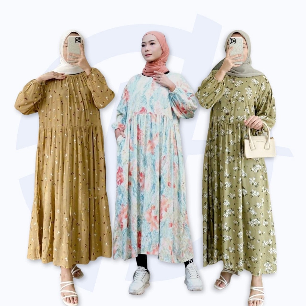 Midi Dress Muslim Katun Rayon Dress Wanita Casual Vintage Korean Style Lengan Panjang Motif Floral L