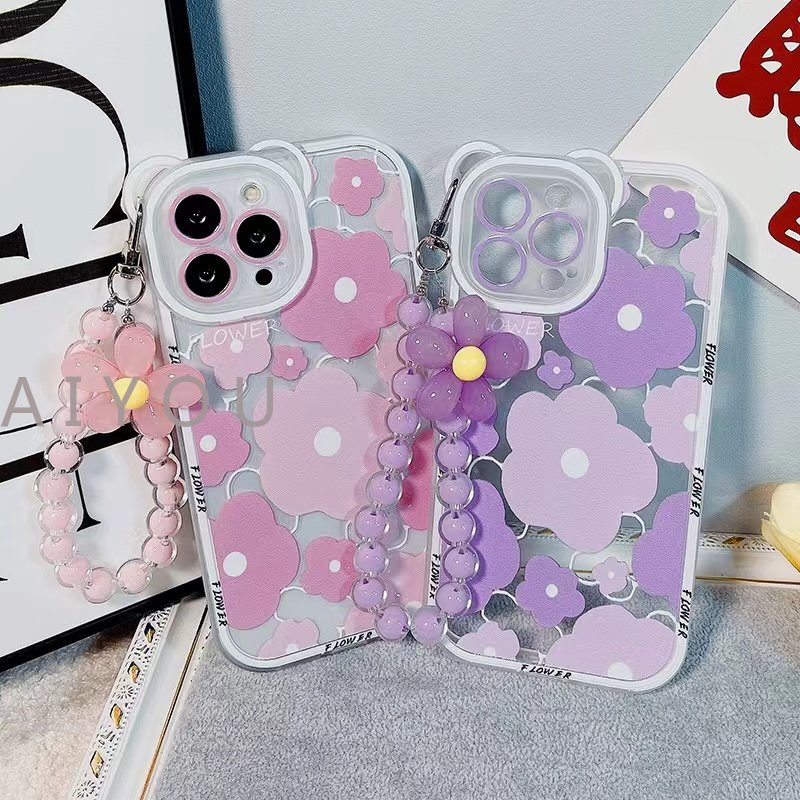 Lucu 3D Telinga Beruang Bunga Gantung Telepon Rantai Bening Soft Case Untuk iphone 14 Pro Max13 12 11 XR XS X7 8 plus SE MiNi Mewah Cover