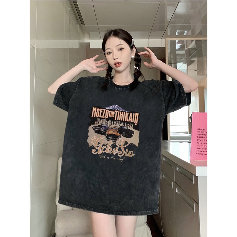 Kaos oversize hitam oversize lengan pendek Car washed baju wanita  graphic print T-shirt