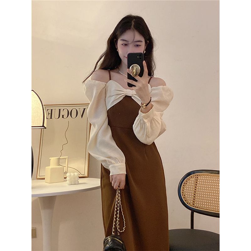 Red Angin lembut gaun dua potong ikatan simpul palsu wanita musim semi dan musim gugur gaya rok gemuk mm figur berbentuk buah pir gaun Prancis retro