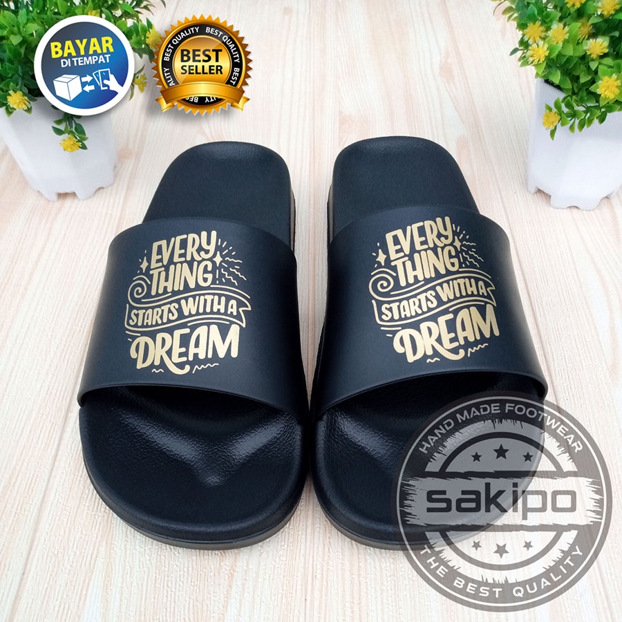 PROMO 1.1 NEW YEAR SALE !! SANDAL DISTRO KEREN KEKINIAN PRIA DEWASA REMAJA SLIDE HITAM EMAS MOTIF TULISAN MOTIVASI / SENDAL SLIDE MURAH TERBARU / SAKIPO