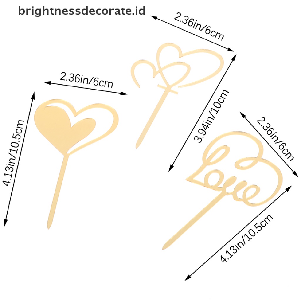 [Birth] 3pcs/set Akrilik Cinta Hati Kue Topper DIY Pesta Pernikahan Kue Dessert Toppers [ID]