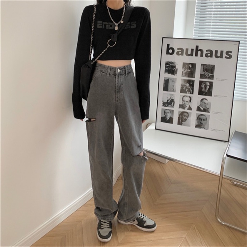 Abu abu Highwaist Robek Celana Jens Wanita / Korean Fashion Kulot Jeans Wanita