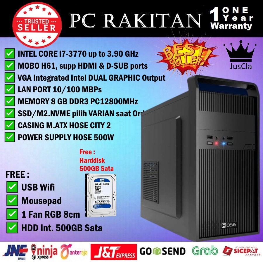 Komputer Intel Core i7-3770 3,4GHz 4Cores|RAM 8GB|SSD 512GB SATA|WiFi, Komputer Rakitan, PC Admin/Office Baru Bergaransi 1 Tahun