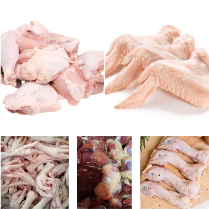 

daging ayam . sayap . cakar .kepala . ati ayam . paha bawah . paha atas .paha utuh. filet dada . filet paha