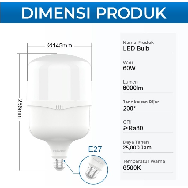 LAMPU LED / BOHLAM MEGAMAN T-BULB YTT145Z1 60W / 60 WATT GARANSI RESMI - 6500K PUTIH