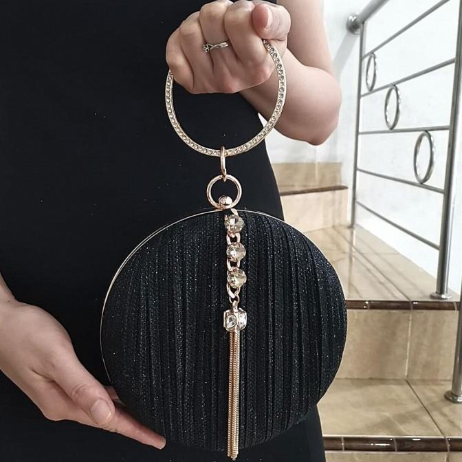 Tas Pesta Kondangan Wanita Import Mewah Murah Hitam Kain Bulat 702701