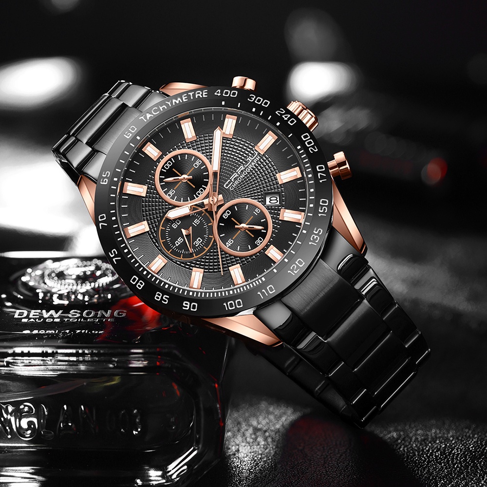 CRRJU Jam Tangan Pria Anti Air Cowok Men Watches Waterproof Sports Stainless Steel Fashion Luminous Multifunction Chronograph Analog Baterai Watch [Real Three Eyes] Free Box