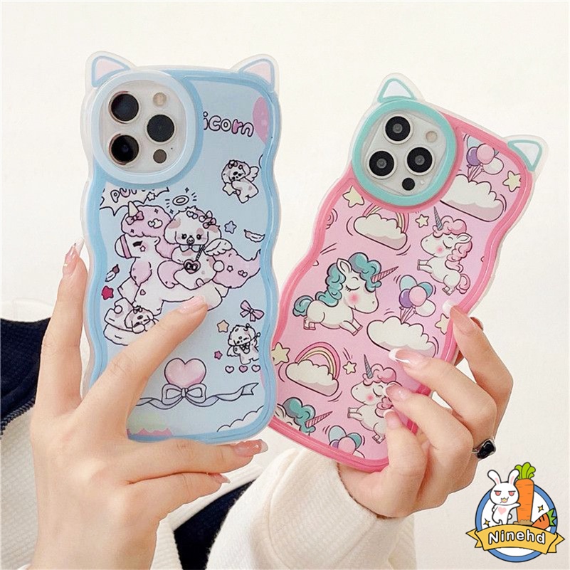 IPHONE Casing Kompatibel Untuk Iphone14 13 12 11 Pro Max X Xr Xs Max8 7 6 6s Plus SE Casing Ponsel Telinga Kucing Unicorn Kartun Lucu Lembut Bergelombang Edge Case Silicon Anti-Shock Bumper Cover Pelindung