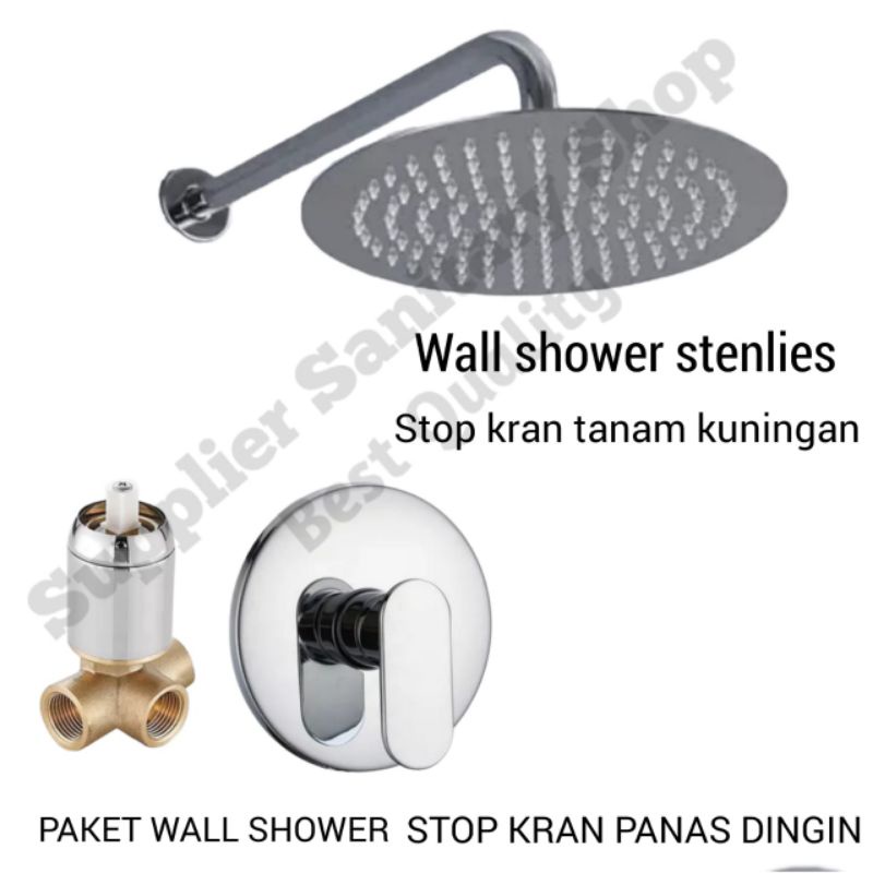 WALL SHOWER STENLIES PAKET STOP KRAN PANAS DINGIN KUNINGAN/SHOWER TANAM/STOP KRAN TANAM