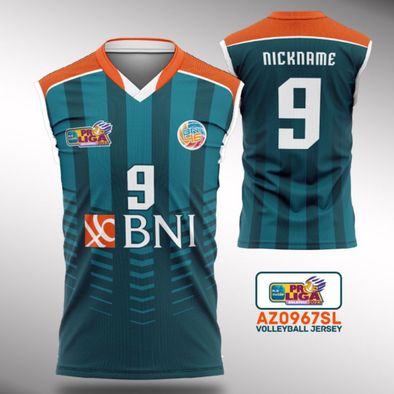 Jersey bola voli Pro Liga BNI 46 2023 tanpa lengan vneck hijau custom gratis nama XS-XXL