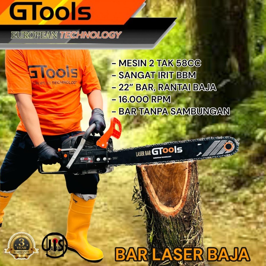 GTOOLS GT24  Mesin Gergaji Potong Kayu Chainsaw Pro 2Tak 22Inch Premium Bar Laser Baja Hitam