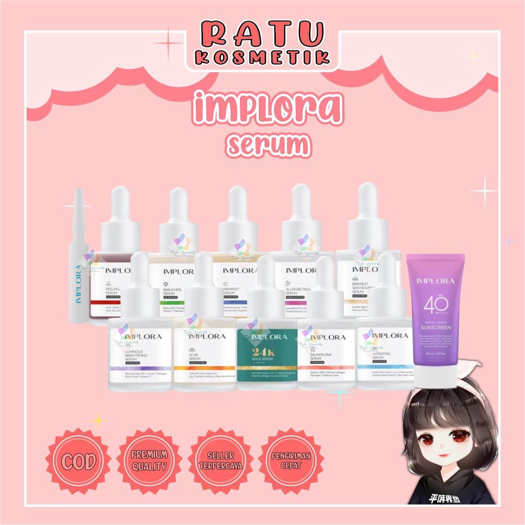 ❤ RATU ❤ Implora Sunscreen Spf 40 PA++++ | Face Serum Brightening | Acne | Peeling | Midnight | Gold | Bakuchiol | 1% Liporetinol | Hydrating | Serum Wajah Implora Ampoule