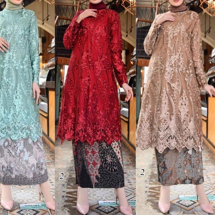 12.12 MALL Set Kebaya Tunik Kurung Brukat Ld 130 Panjang Muslimah Baju Kondangan Wanita Kebaya Moder