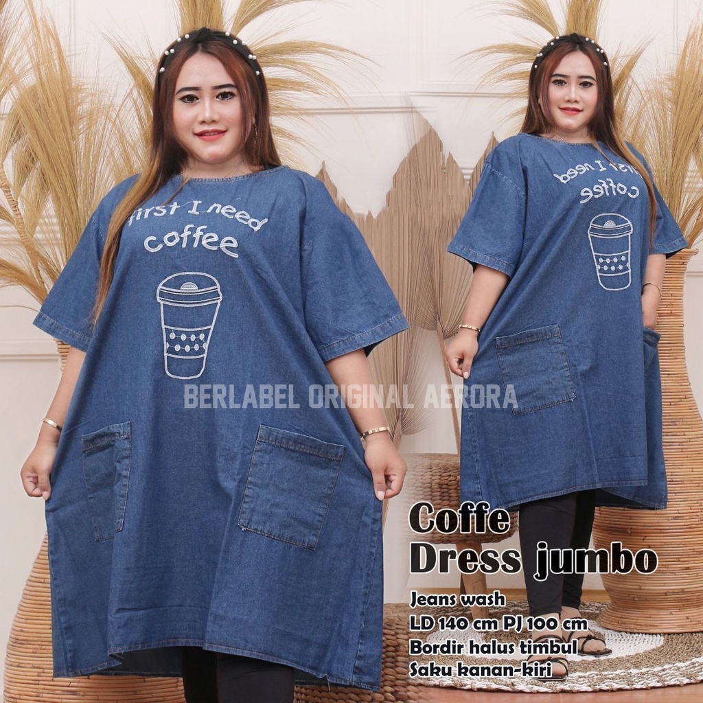 Baju Atasan Tunik Jeans Denim Jumbo Wanita Terbaru 2023 Premium Bordir Halus Unik Kekinian Ld 140 P 100 New Coffe Dress Allsize