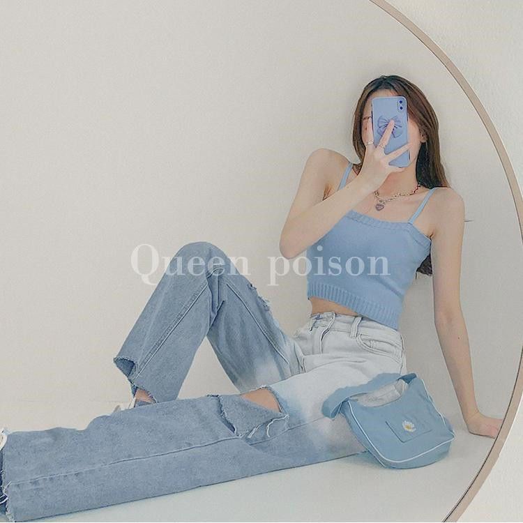 Red Jeans wanita street shooting hot girls warna gradien lubang BF high waist slim straight wide leg pants loose drape mopping pants