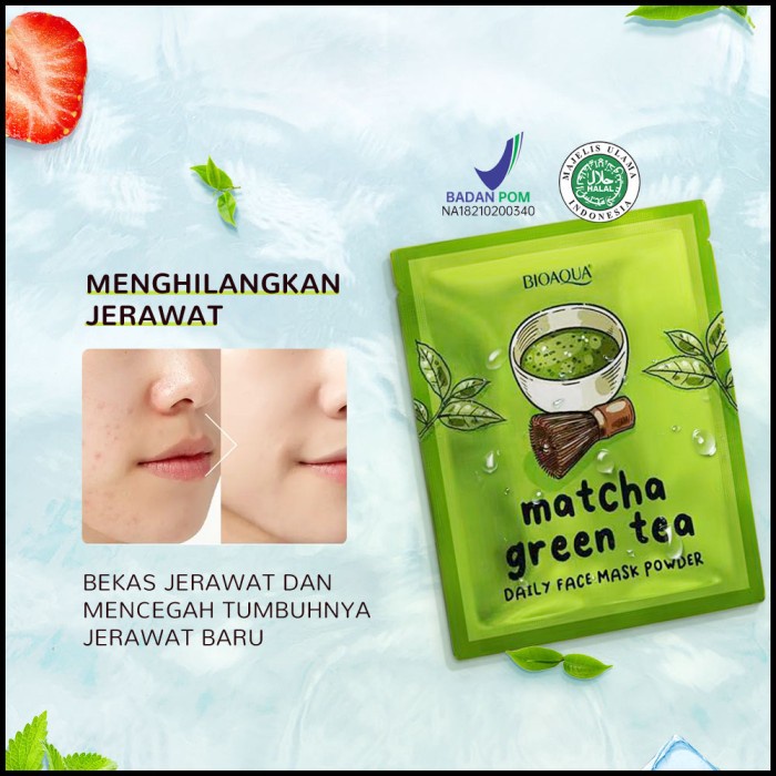 BIOAQUA Daily Face Mask Powder Indonesia / Masker Wajah 20g / Strawberry Matcha Green Tea Ice Sensations / Mengecilkan Pori Berminyak Minyak Berjerawat Bekas Jerawat Acne Brightening Mencerahkan Warna Kulit Glowing / Skincare Facial Care Bio Aqua Series