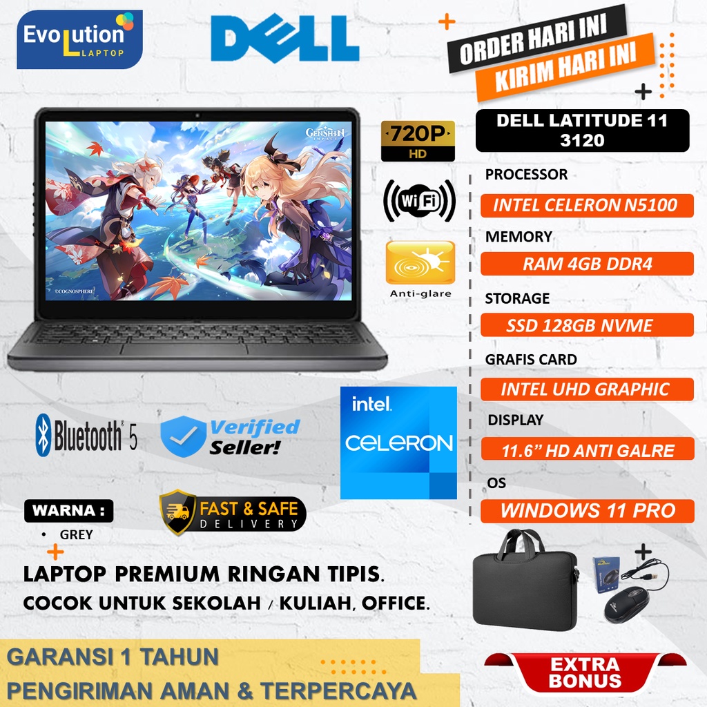 Laptop Sekolah Brau DELL LATITUDE 11 3120 INTEL N5100 Ram 4GB SSD 256GB Windows11  GREY