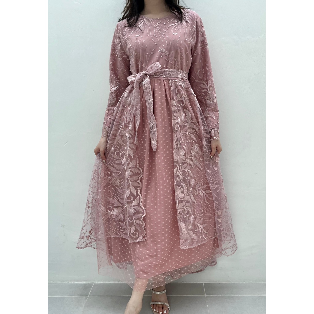 New Product Ken-231 Long Dress Wanita Untuk Kondangan Bridesmaid Pesta  Wisuda Full Tulle Bordir Kombinasi Tulle Dot Premium Free Ikat Pinggang