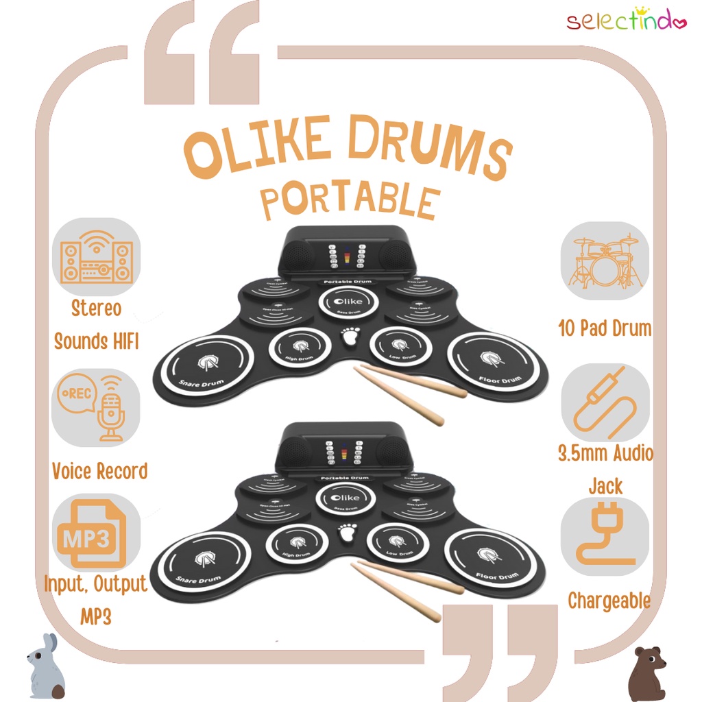 Olike Portable Drum Mainan Edukasi Anak Drum Digital - Portable Drum Elektrik - Garansi Resmi - Electronic Drum - Mainan Anak - Kids Toys - Musik - Drum Anak - Anak - Mainan Edukatif - Hi Fi - Original - Olike - Mainan Musik - Kids Drum - Drum Anak