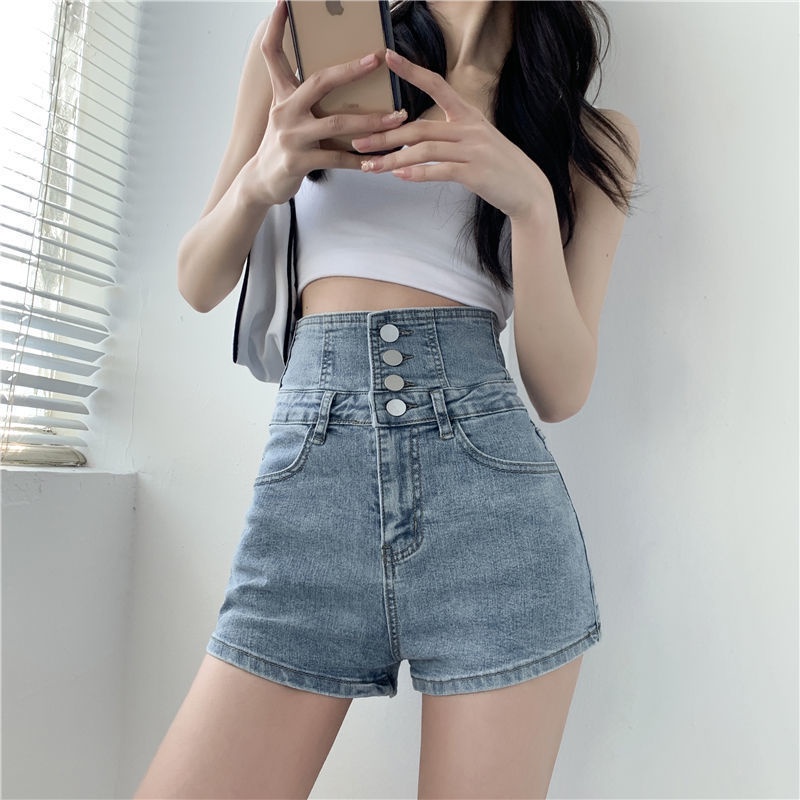 Red Musim Panas Gaya Baru Super Tinggi Pinggang Denim Tie Tali Celana Pendek Wanita Versi Korea Longgar Kaki Lebar Pelangsing All-Match Berkancing a-line Hot Pants