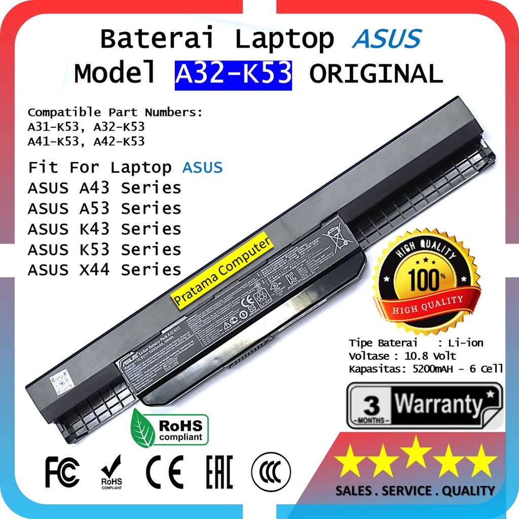 ASUS Original Baterai Battery Batre Laptop A43 K43 A53 K53 X44 Series Model A32-K53 5200Mah