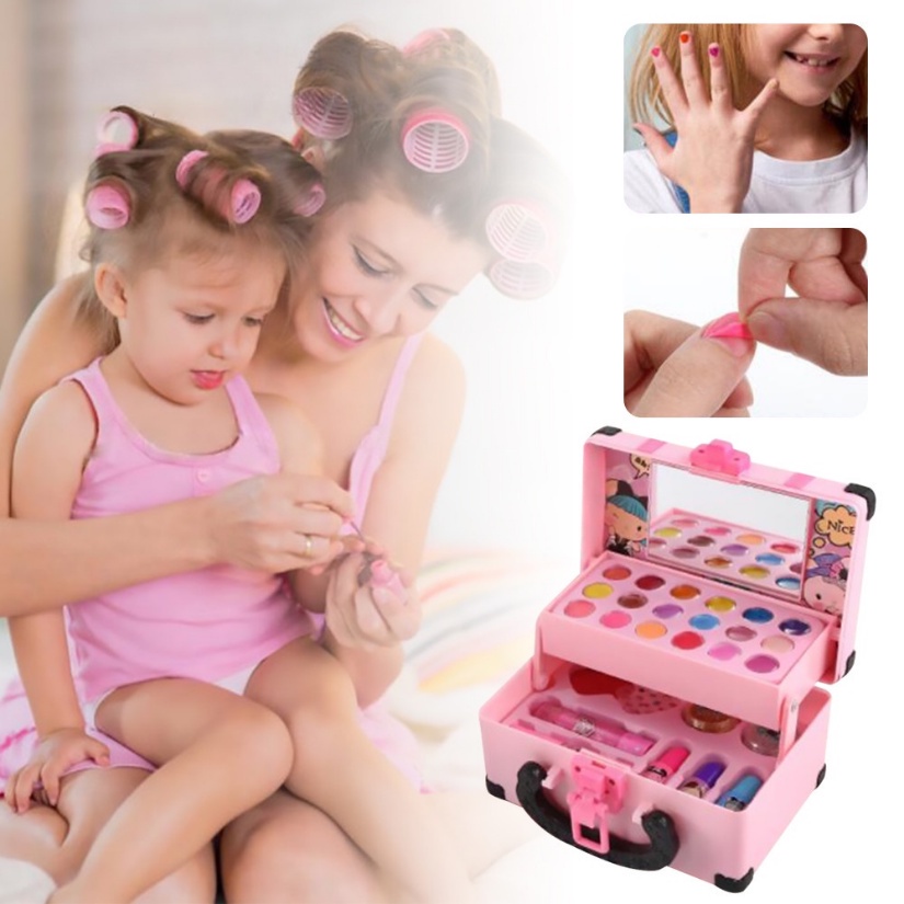 32 PCS Mainan Anak Perempuan Make Up Tas Kosmetik Lipstik Eye Shadow Makeup Set Kosmetik Peralatan Kecantikan Tidak Beracun Kotak Make Up Set Mainan untuk Gadis Ulang Tahun Hadiah Set Riasan Larut dalam air, tidak membahayakan kulit