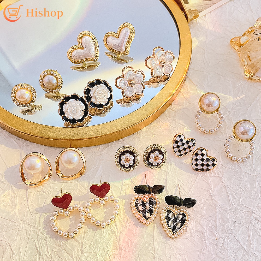 Vintage Elegan Mutiara Gold Stud Earring Camellia Bunga Mesh Hati Fishtail Earrings Untuk Wanita Aksesoris Fashion Perhiasan