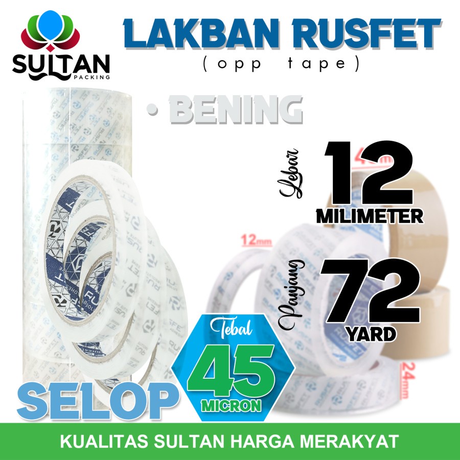 

Lakban isolasi Solatip 12mm x 72yard OPP Tape RUSFET Plakban / SELOP