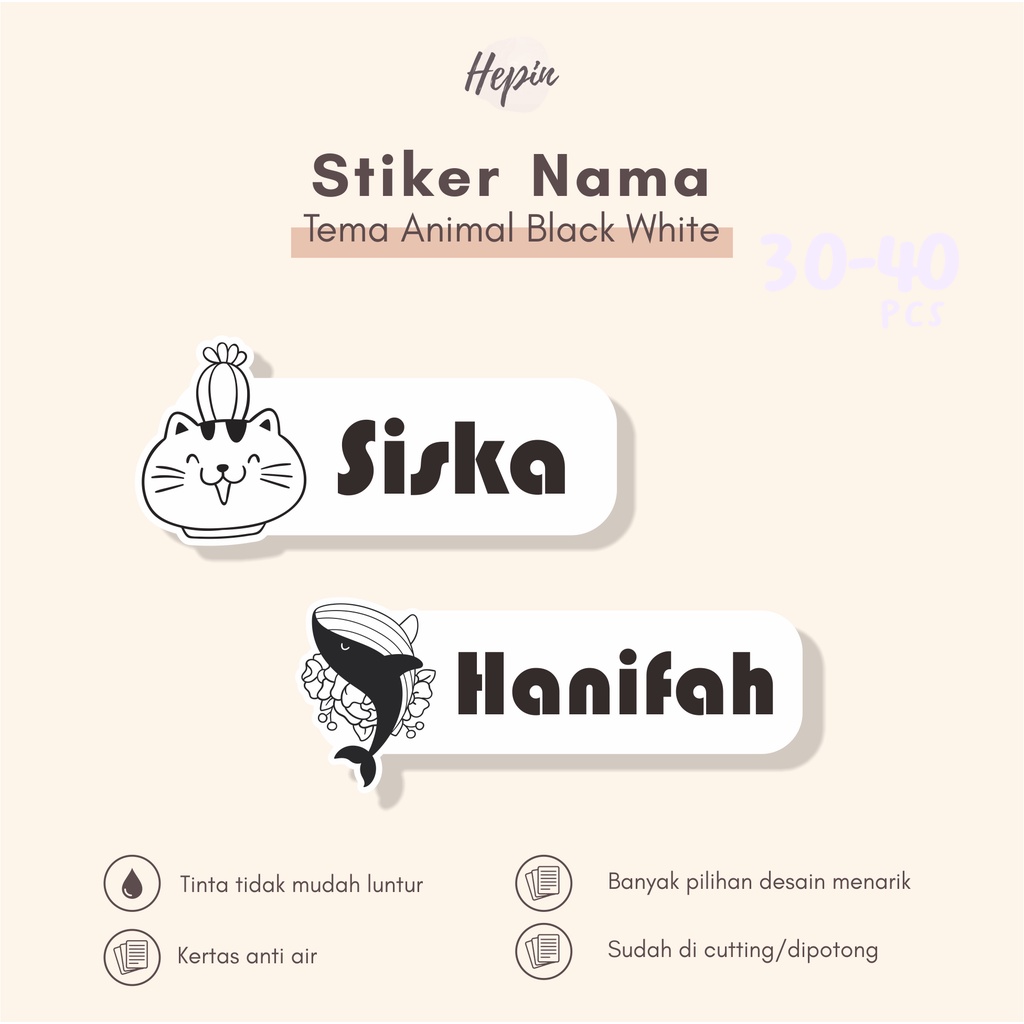 

(90 - 120 pcs) murah cetak stiker nama ANIMAL BLACK WHITE/murah/bisa custom nama/bahan anti air