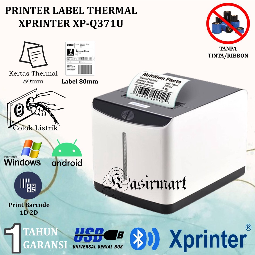 Printer Bluetooth Kertas Stiker Thermal 80 XPRINTER XP Q371U 80x100 78x95 80x80 Support USB RPP02N RJ11 Q 371U Cetak Struk Pembayaran PPOB Barcode Resi Marketplace
