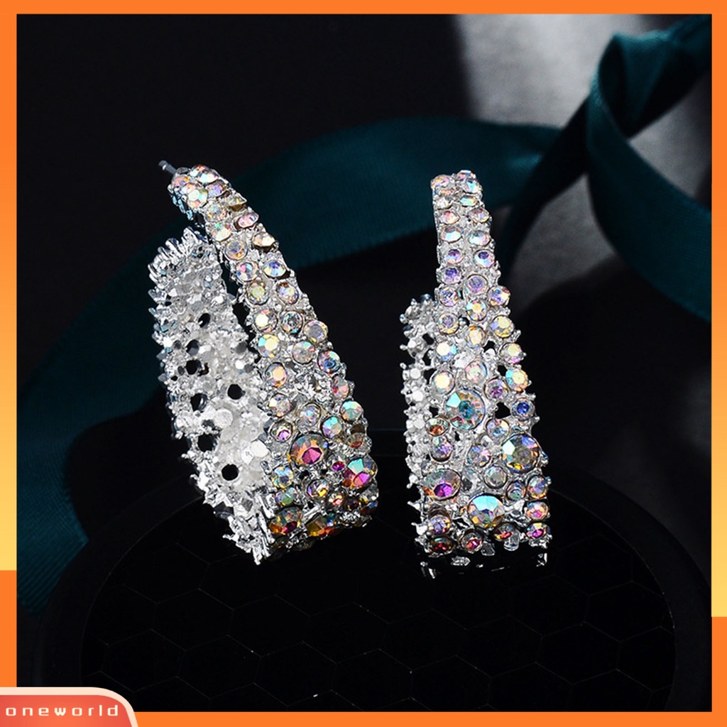 {oneworld} Women Ear Studs Shiny Colorful Rhinestones U-shaped Stud Earrings Perhiasan Tindik Untuk Pesta