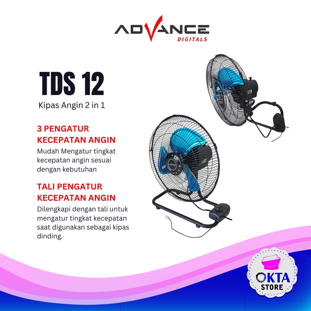 Advance Kipas Angin Dinding Meja Baling Besi TDS-12 (12 inch) 2 Fungsi  Garansi