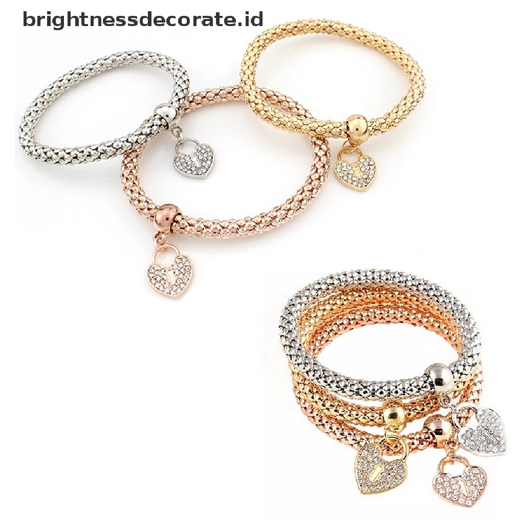 [Birth] 3pcs Wanita Fashion Ctue Pesona Kristal Berlian Imitasi Jantung Gelang Elastis Bangles [ID]