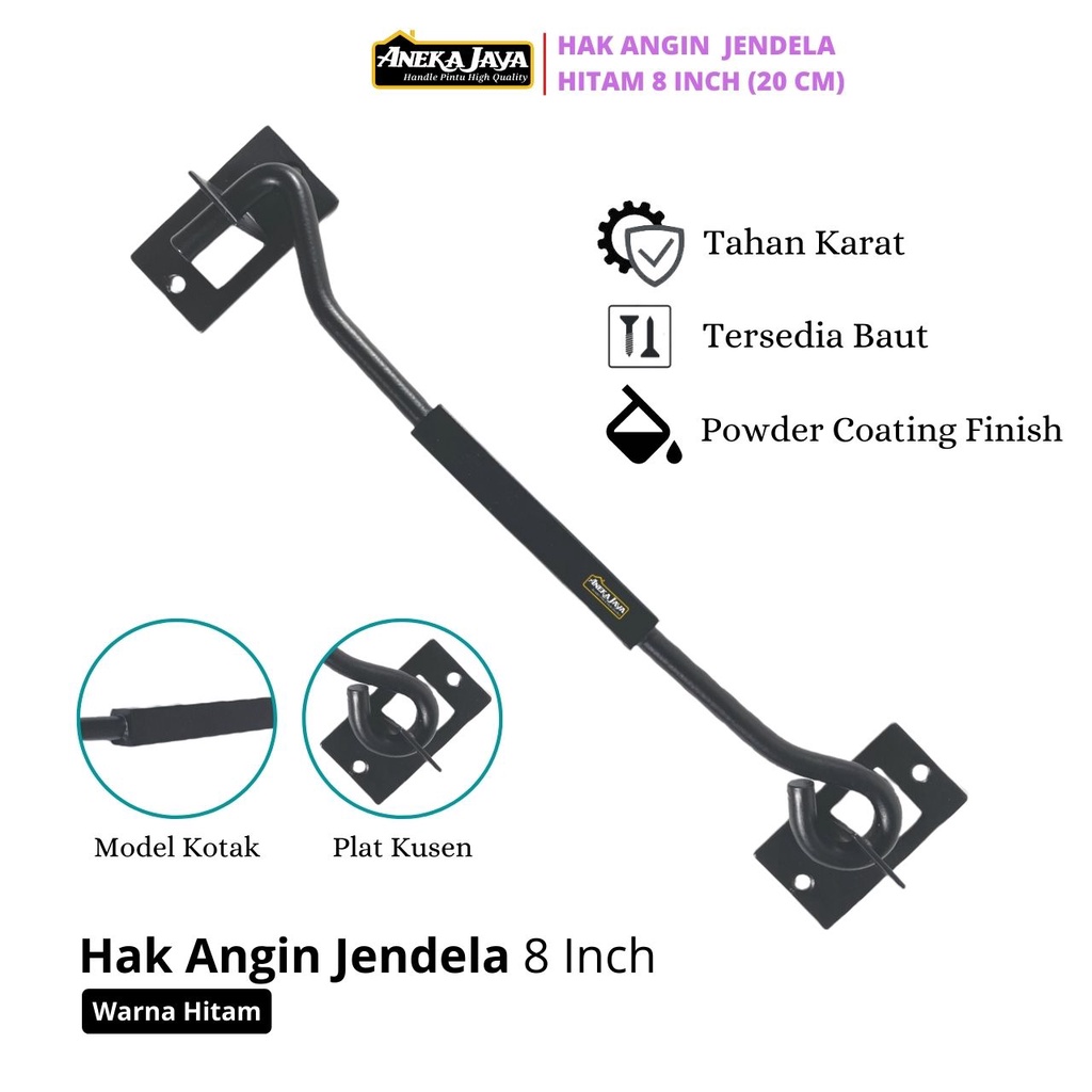 Hak Angin Hitam Doff Model Kotak Minimalis - Panjang 8 inch 20 cm - Penahan Jendela Pintu - Kait Jendela Window Hook