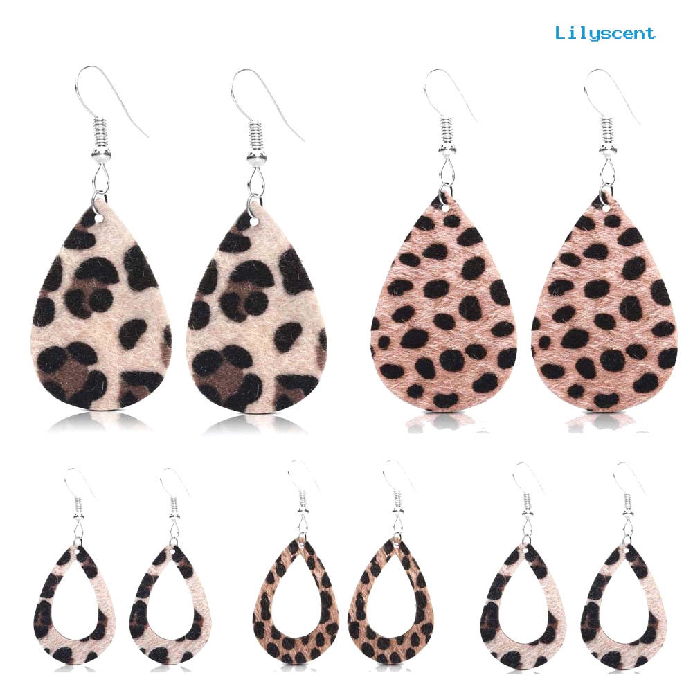 [LS] Wanita Leopard Print Teardrop Menjuntai Kulit Imitasi Kait Anting Perhiasan Hadiah