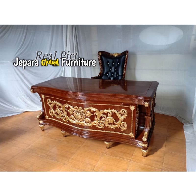 Set meja kantor direktur Ukir jati & Kursi direktur & tamu (kursi kantor,kursi hidrolik,meja ukir )