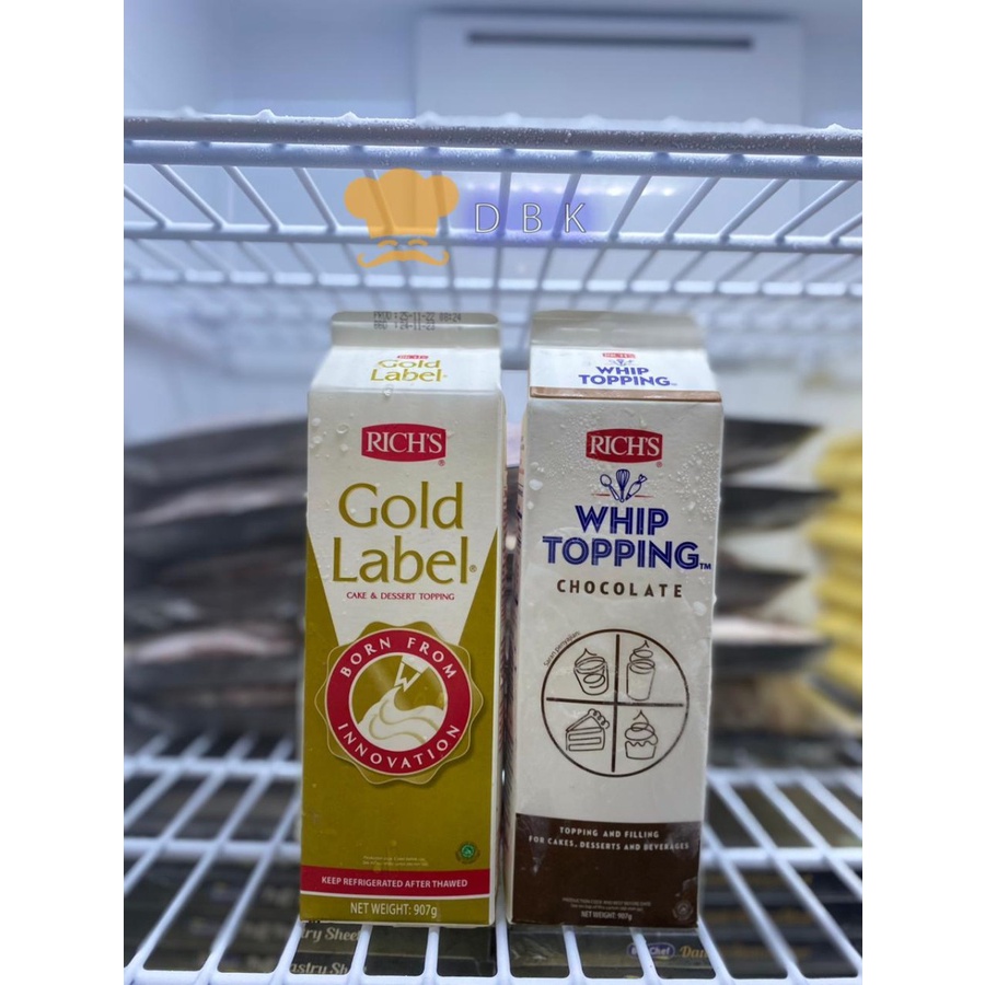 

rich's label whip cream gold dan coklat whipping 907 gr topping