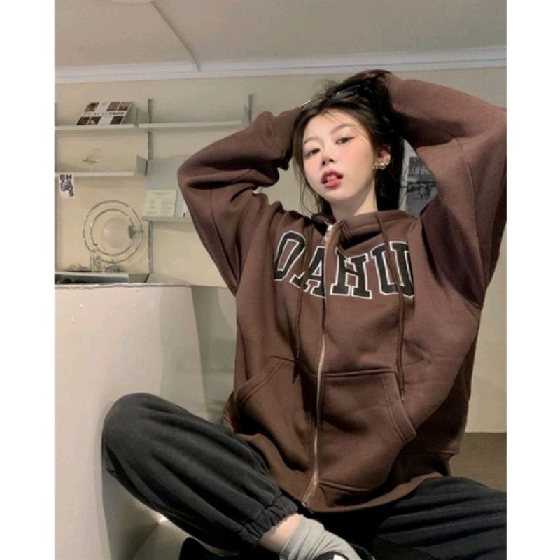 Jacket Zipper Oversized Boy Girl (S - 6XL) Zip Hoodie OAHU Brown BIG SIZE Jaket Resleting Unisex Korean Street Style Coklat Tua Jumper Fleece Beige peach