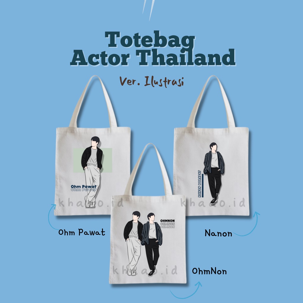 Totebag Tote bag ohm pawat nanon korapat Thai Actor Ilustrasi Ohmnon Bad Buddy series Thailand Actor
