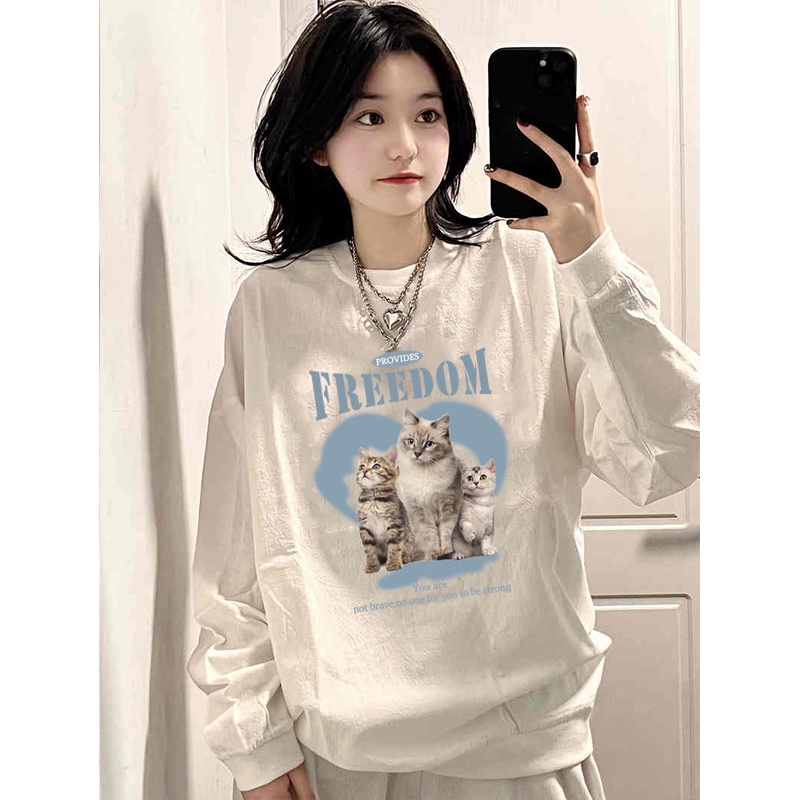 Kaos Stasan Wanita Oversize Couple Sweater American Vintage Cartton Cat Cartoon Graphic Priting Top Kekinian Casual Sweater