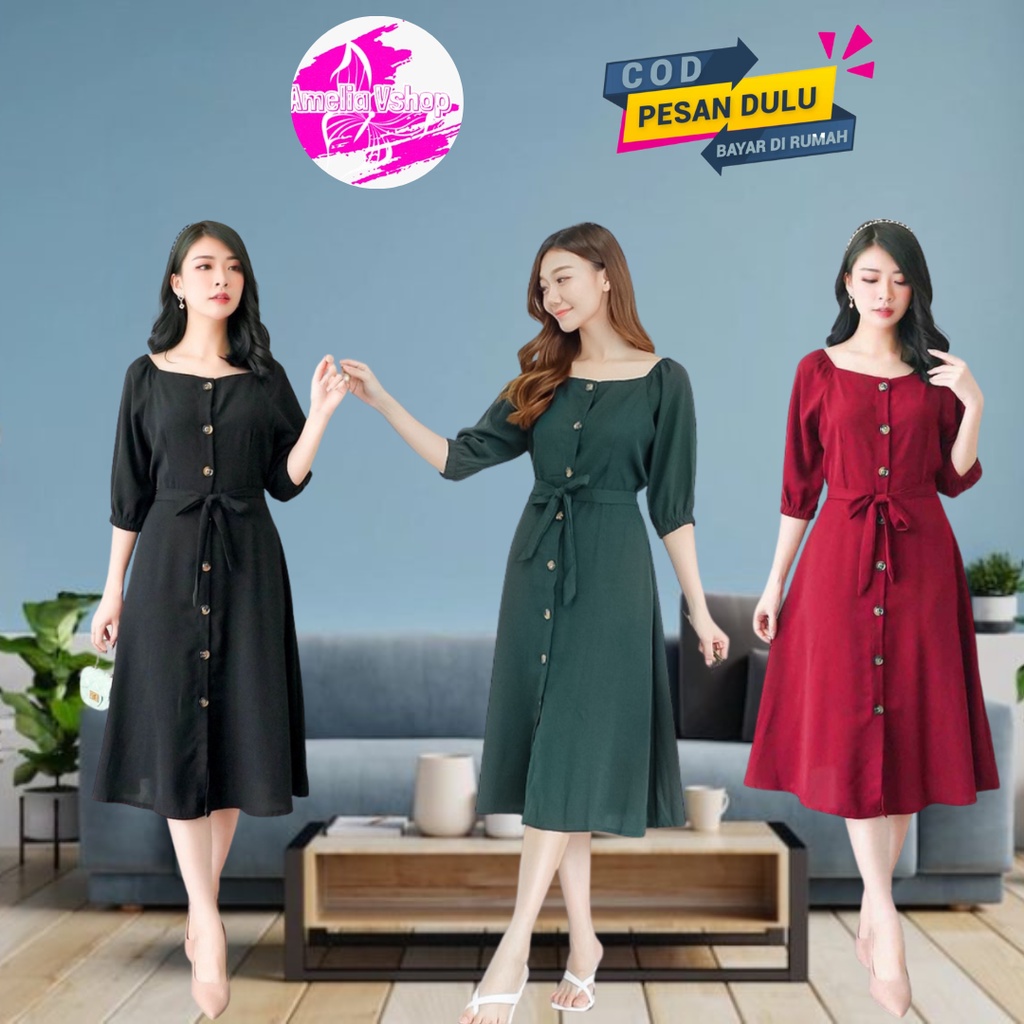 Atasan Wanita Dress Midi Busui Fredly Korea Kasual  // Tunik Polos Full Kancing Tali Samping Bahan Moscrepe