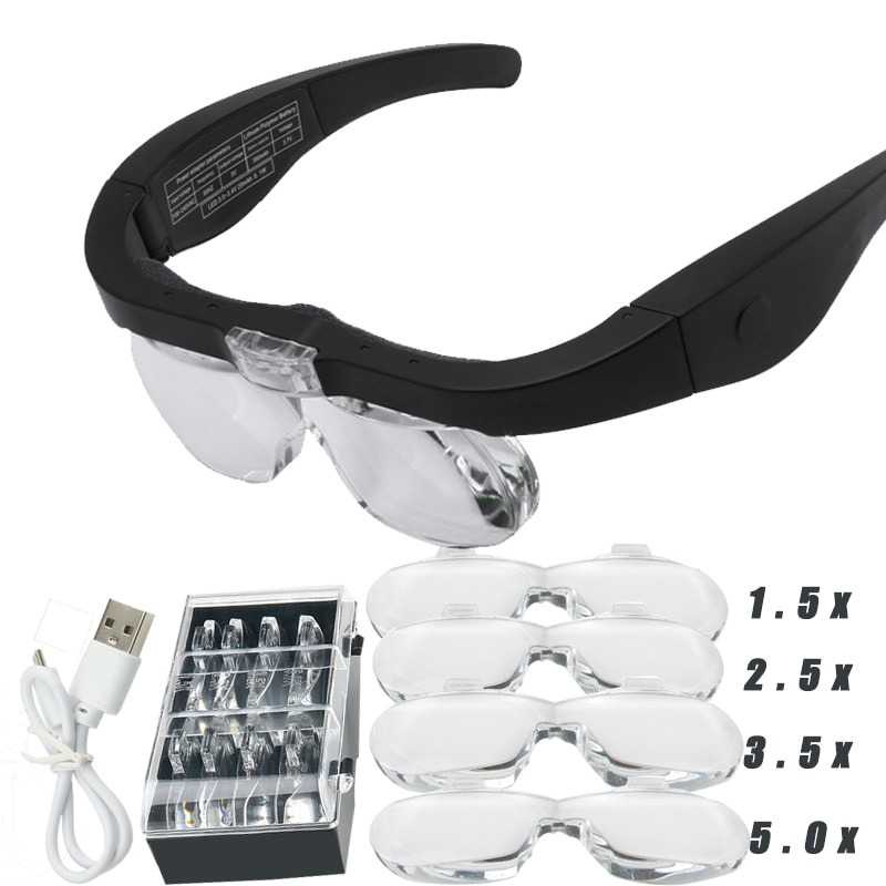 Zeast Kaca Pembesar Kacamata Pembesar Rechargeable dengan Lampu LED Headband Iluminasi Kaca Pembesar Lup dengan 4 Lensa 1.5X 2.5X 3.5X 5.0X Kaca Pembesar Reparasi Jam untuk Membaca Perbaikan Kerajinan