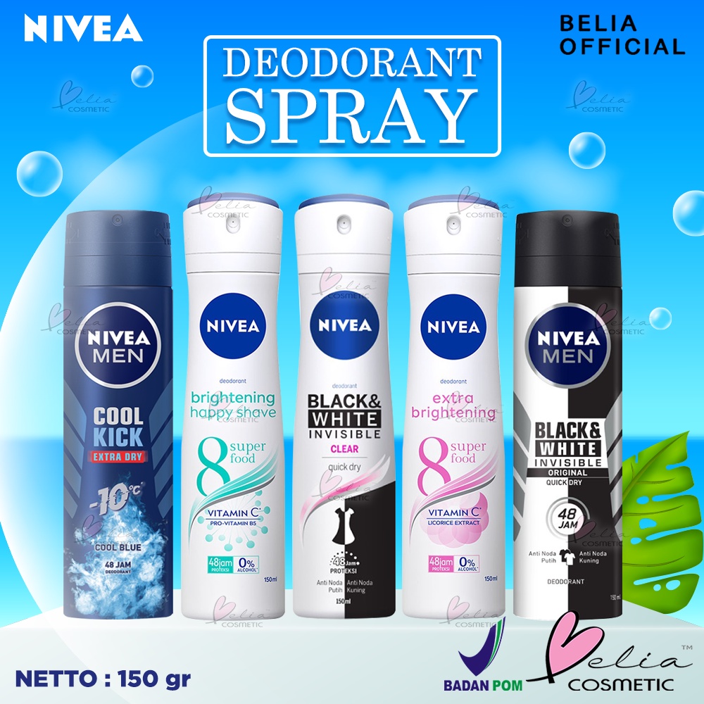 ❤ BELIA ❤ NIVEA Deodorant Spray 150ml | Men | Women | Extra Brightening | Black &amp; White Invisible | Happy Shave | Cool Kick | BPOM
