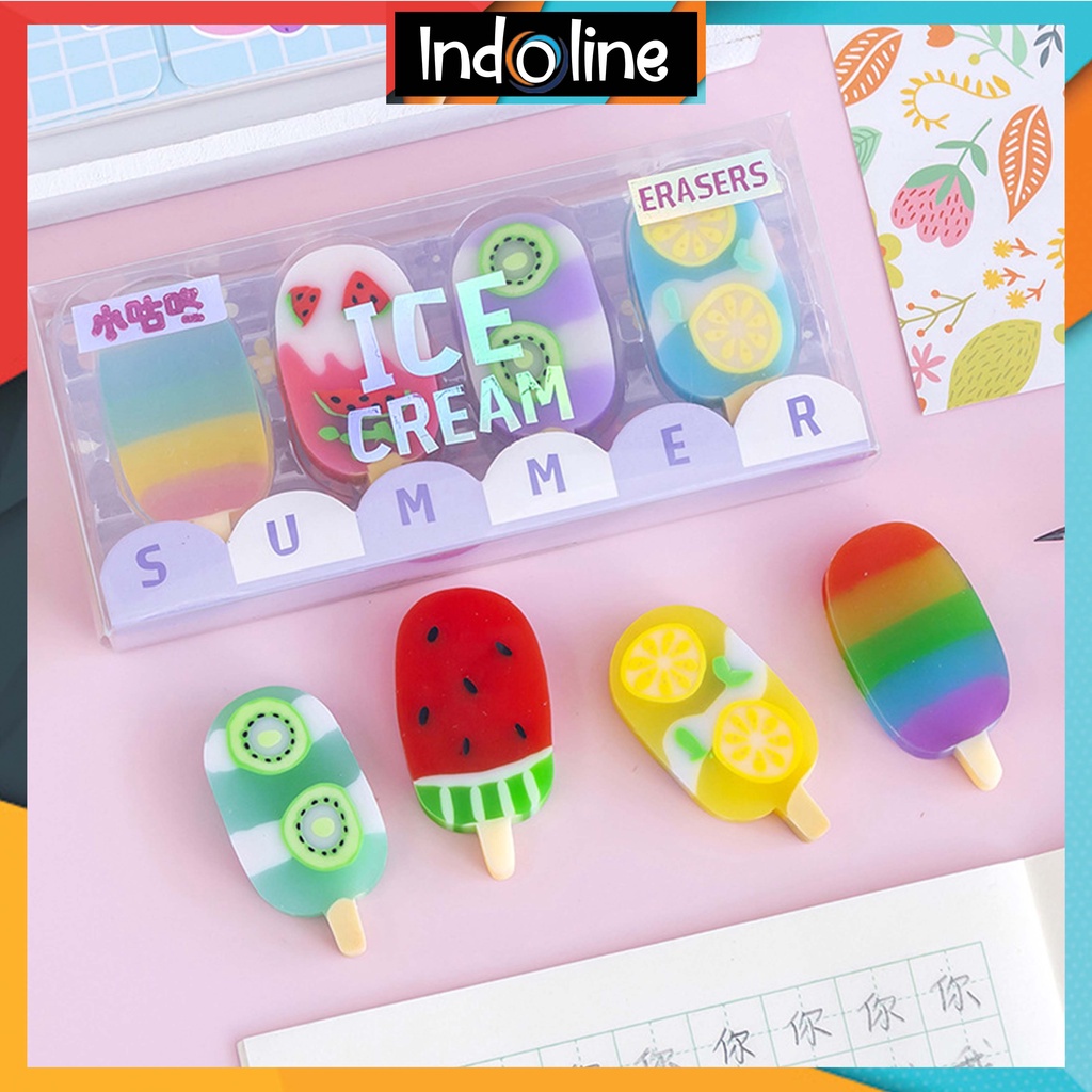 

✔️ Penghapus Pensil Karakter Es Krim Ice Cream Erazer Set 4pcs Import COD