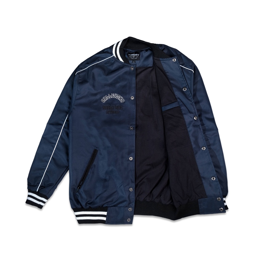 Valleysky Jacket - Jaket Varsity Baseball Bordir Vintage Blue Navy Full Embroider Waterproof Anti Ai