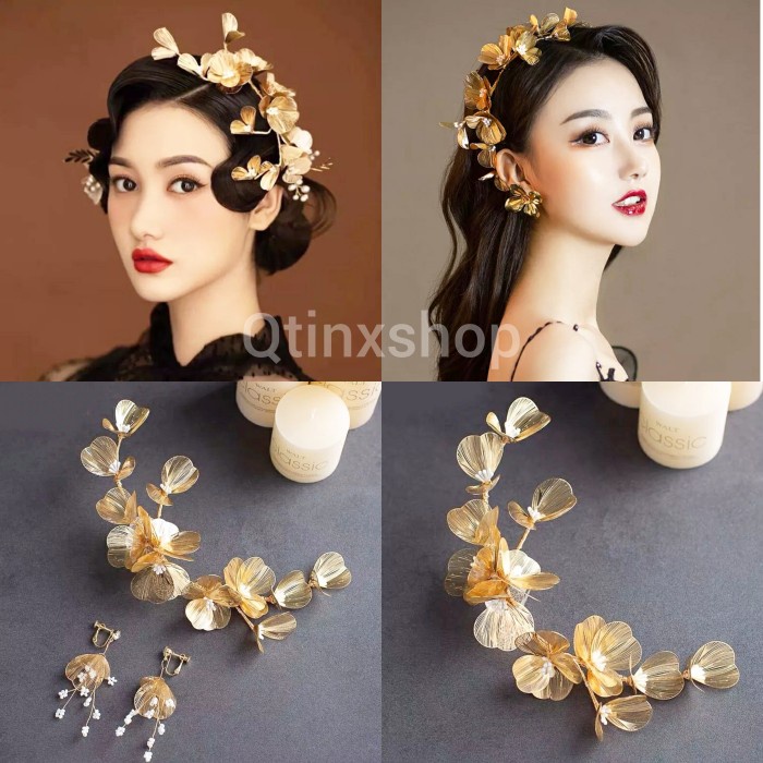 hairpiece bunga gold hiasan aksesoris rambut pengantin