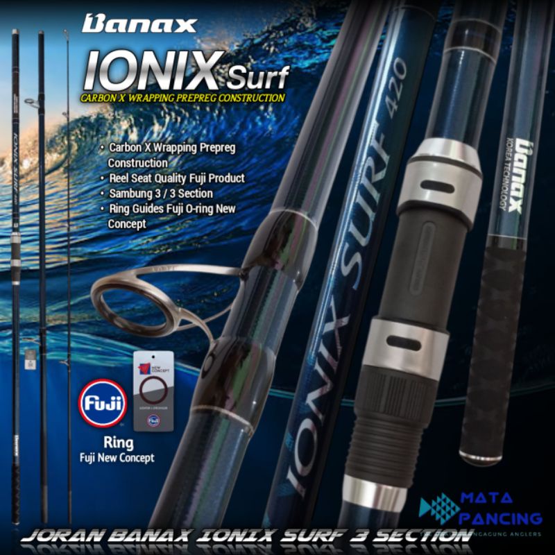 Joran sambung 3 banax ionix surf 420 carbon spiral 3 section full fujiring guide dan reel seat