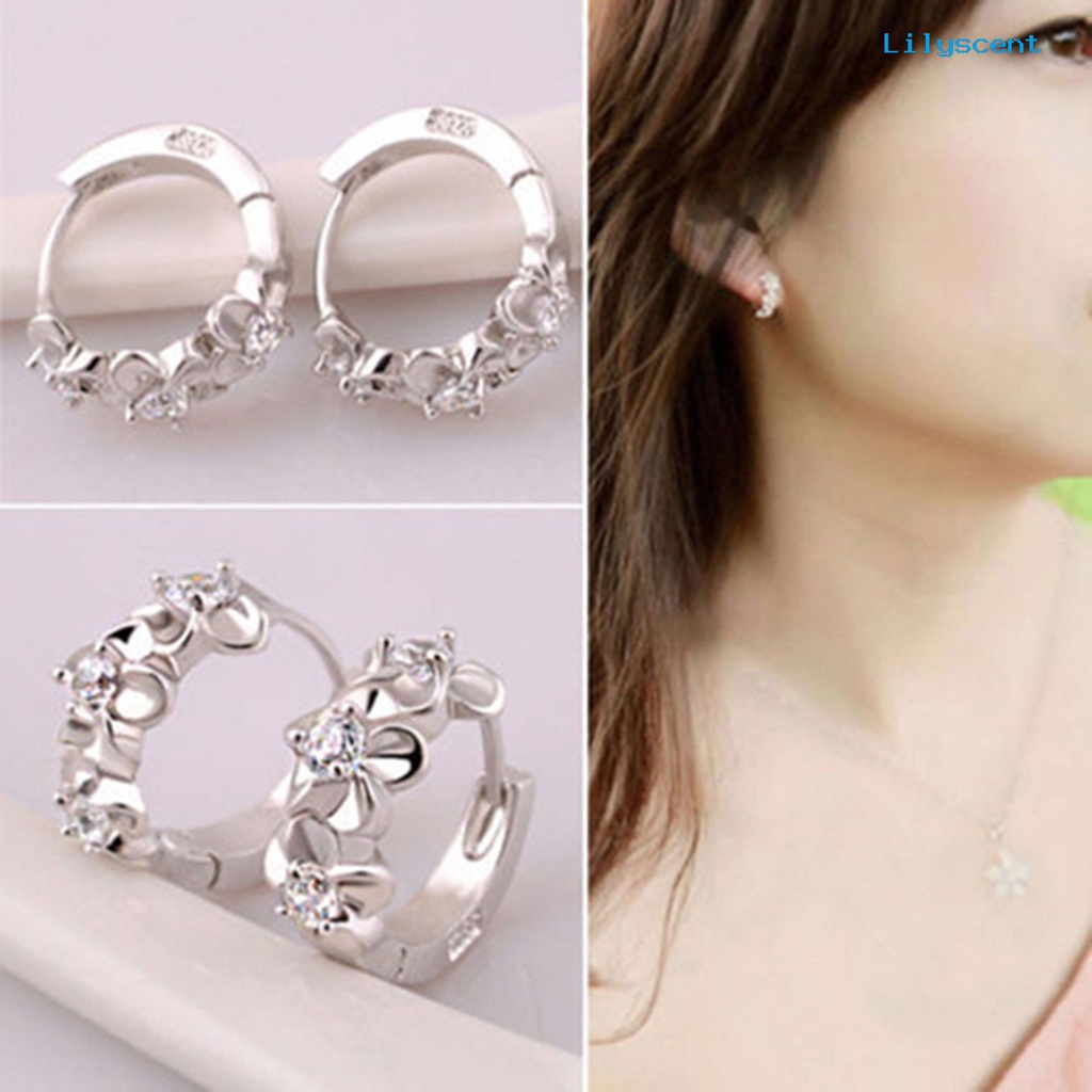 [LS] Anting Klip Telinga Hoop Wanita Berlian Imitasi Mengkilap Bunga Silver Plated Untuk Pesta