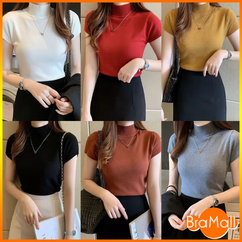 【 Bra Mall 】BM-132 Atasan Wanita Kaos Turtleneck Blouse Korean Style / Baju Korea Lengan Pendek Import